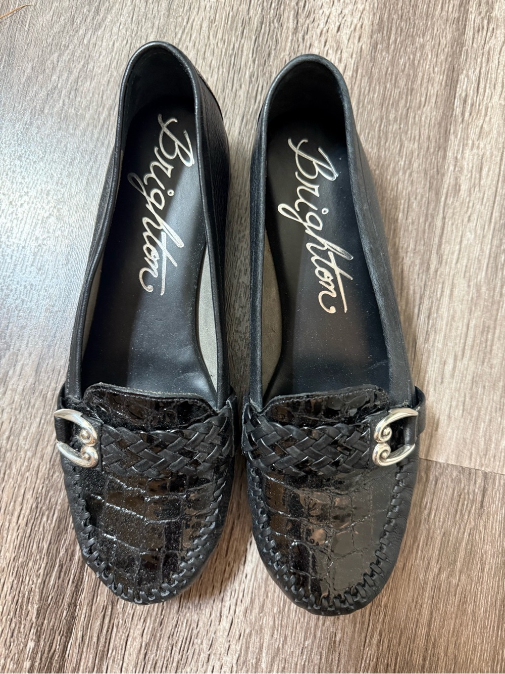 Brighton Black Braided Leather Loafers with Silver Accents